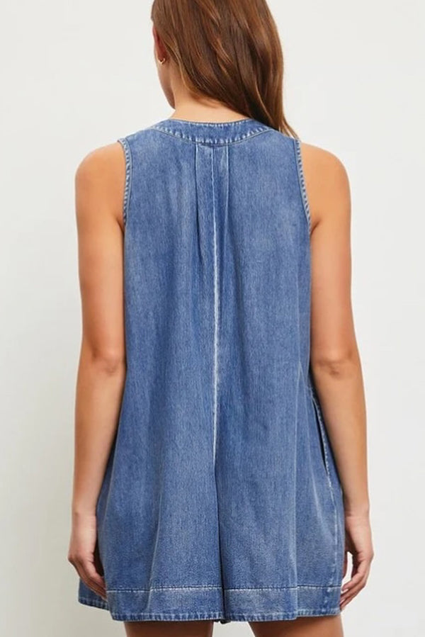 Downtown Daze Denim Pleated Tie-up Pocketed Loose Romper