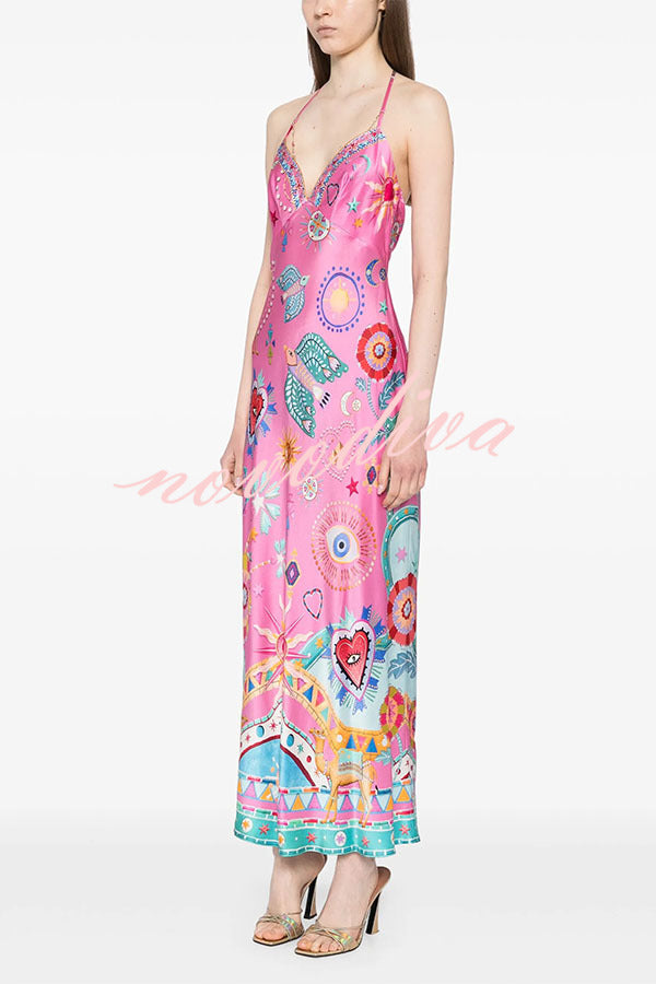 Effortless Chic Satin Unique Print Back Chain Detail Slip Maxi Dress