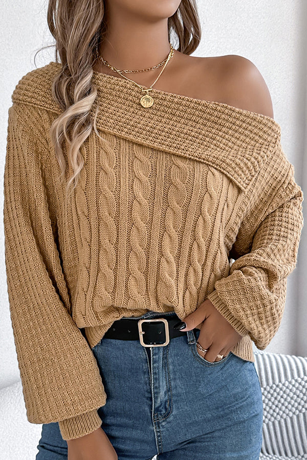 Solid Color Casual One Shoulder Long Sleeve Knitted Sweater