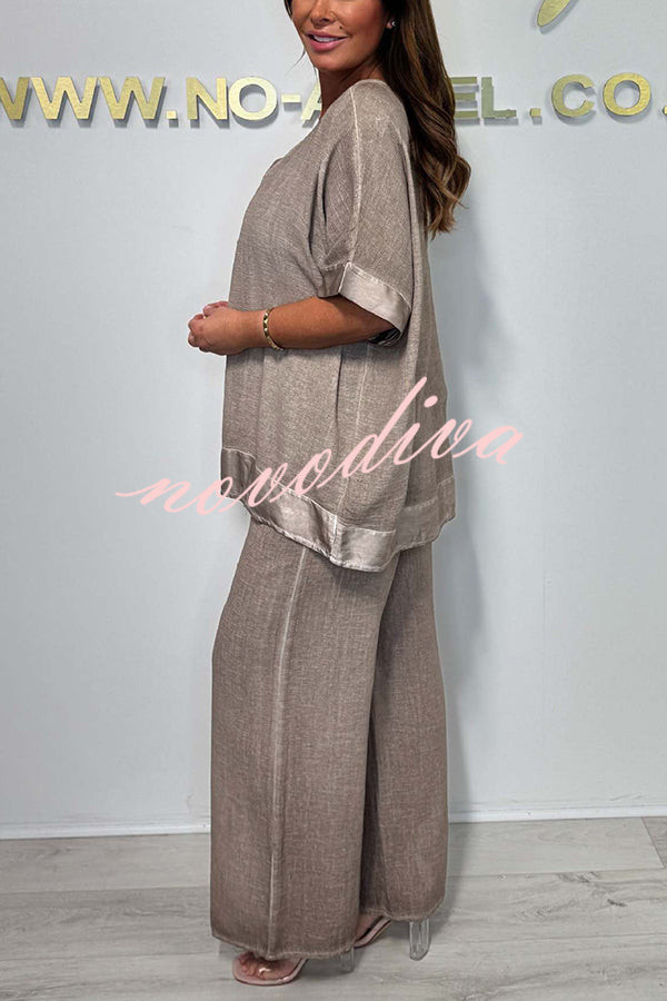 Fashionable V-neck Short-sleeved Loose Top and Elastic Waist Casual Wide-leg Pants Set