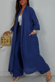 Solid Color Loose-fitting Long-sleeved Cardigan with Pockets and Elastic Waist Casual Wide-leg Pants Set