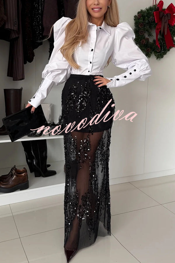 Darling Details Color-block Buttons Long Puff Lantern Sleeve Blouse