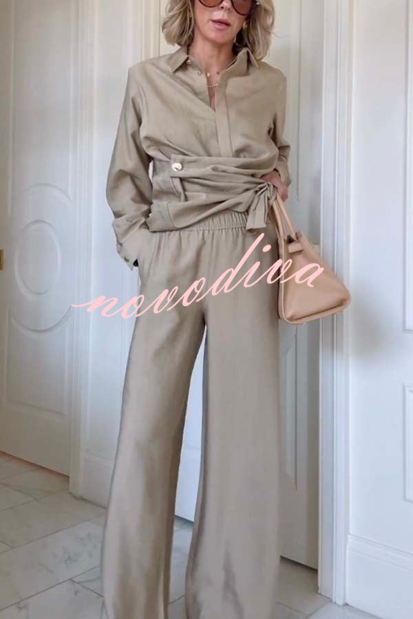 Juliette Cross-front Button Up Long Sleeve Shirt and Elastic Waist Pocket Loose Pants Set