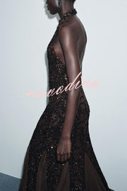 Twilight Gleam Sequin Textured Tulle Hem Halter Backless Maxi Dress