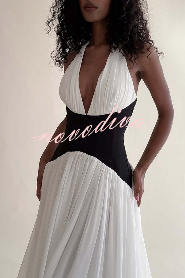 Fashionable Color Matching Sexy Halter Neck Waist Maxi Dress