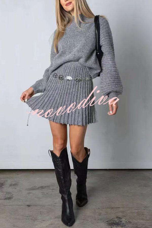 Solid Color Round Neck Puff Sleeve Loose Knit Sweater and Casual Striped Mini Skirt Set