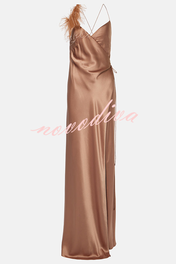 Celebration Night Satin Feather Trim Wrap Tie-up Slit Gown Maxi Dress