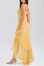 Retro Romantic Style Mesh Ruffle Trim Ruched Slit High Low Maxi Dress