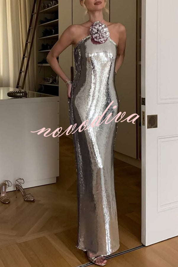 Moonlit Blooms Sequin Floral-appliqué Halter Neck Slit Gown Maxi Dress