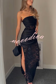 Dulcie Lace and Satin Patchwork Asymmetrical Pleats Bandeau Maxi Dress