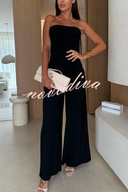 Linen Blend Solid Color Off-the-shoulder Pleated Casual Pocket Wide-leg Jumpsuit
