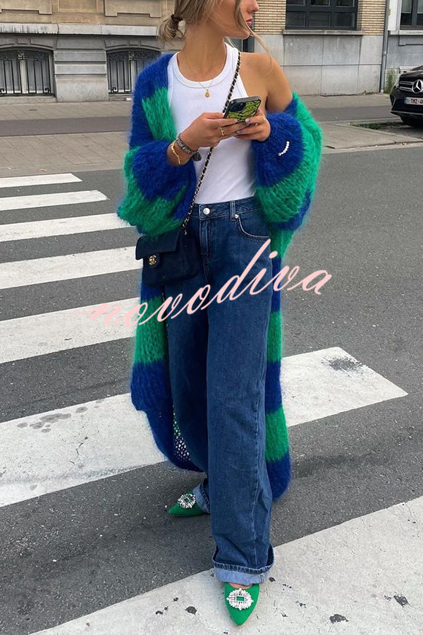 Fashionable Contrast Stripes Lazy Style Loose Long Knitted Cardigan
