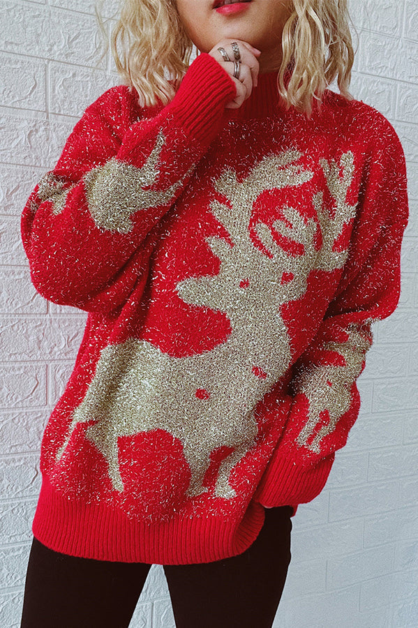 Christmas Pattern Knitted Crew Neck Long Sleeved Sweater