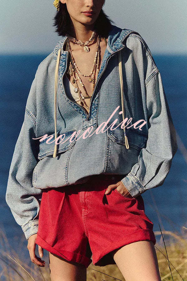 Fashion Loose Pocket Casual Denim Zipper Hoodie