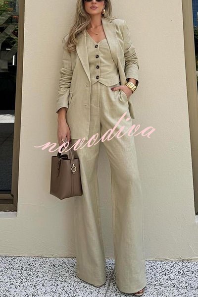 Solid Color Lapel Blazer + Slim Waistcoat and Pocket Wide-leg Pants Three-piece Set