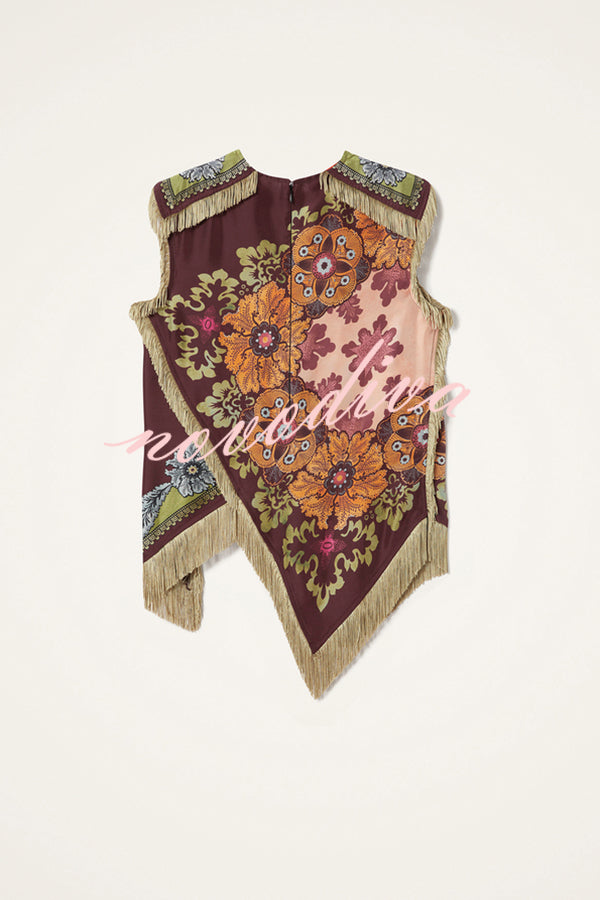 Stunning Floral Print Asymmetric Tassel Trim Scarf Top