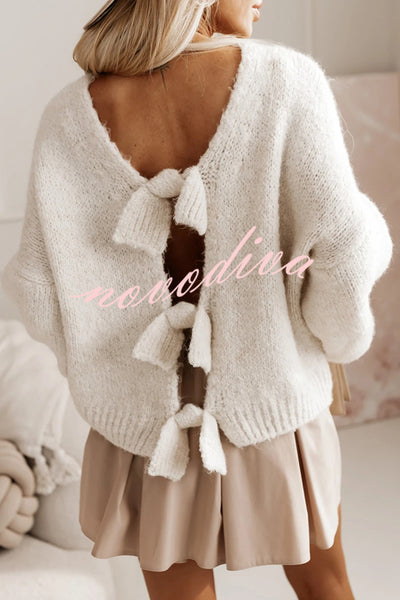 Solid Color Loose Open Back Bow Knitted Casual Sweater