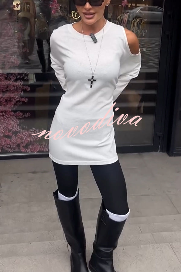 Various Ways Cutout Shoulder Long Sleeve Side Button Relaxed T-shirts