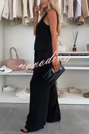 Workplace Chic Sleeveless Button Vest and Relaxed Pocket Wide Leg Pants Set