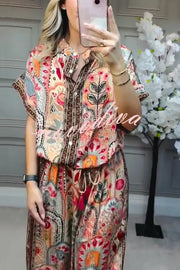 Unique Printed Loose Short-sleeved Top and Elastic Waist Casual Wide-leg Pants Set