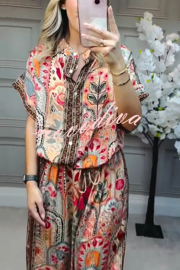 Unique Printed Loose Short-sleeved Top and Elastic Waist Casual Wide-leg Pants Set