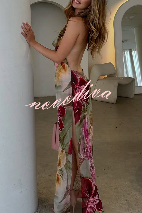 Floral Print Sexy Backless Slit See-Through Holiday Maxi Dress