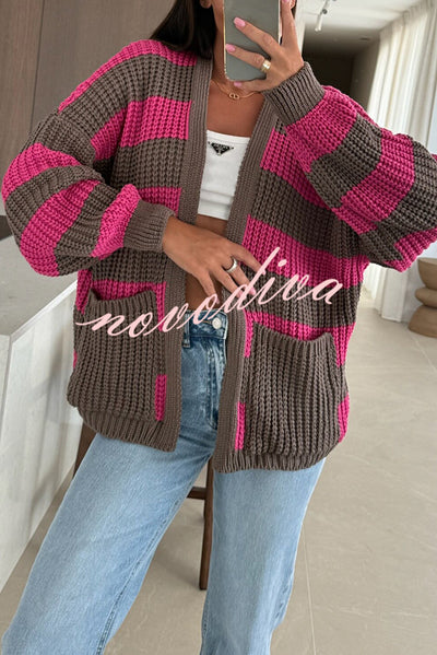 Fashionable Patchwork Striped Casual Pocket Knitted Sweater