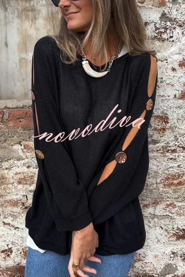 Solid Color Round Neck Hollow Long Sleeve Loose Knitted Sweater