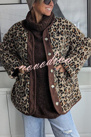 Warm Feel Colorblock Leopard Print Plush Button Up Pocketed Teddy Jacket