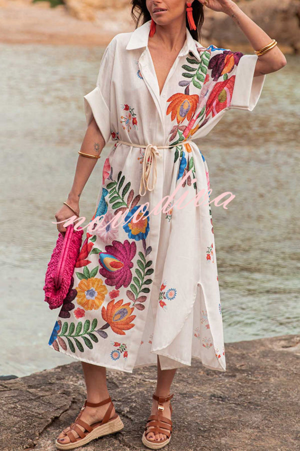 Plant Print Lapel Short Sleeve Waist Tie Loose Vacation Midi Dress