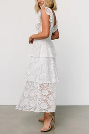 Solid V-neck Ruffled Sleeves Cinched Waist Maxi Dress