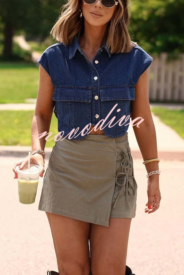Stylish Weekend Denim Button Up Cape Sleeve Pocket Crop Top