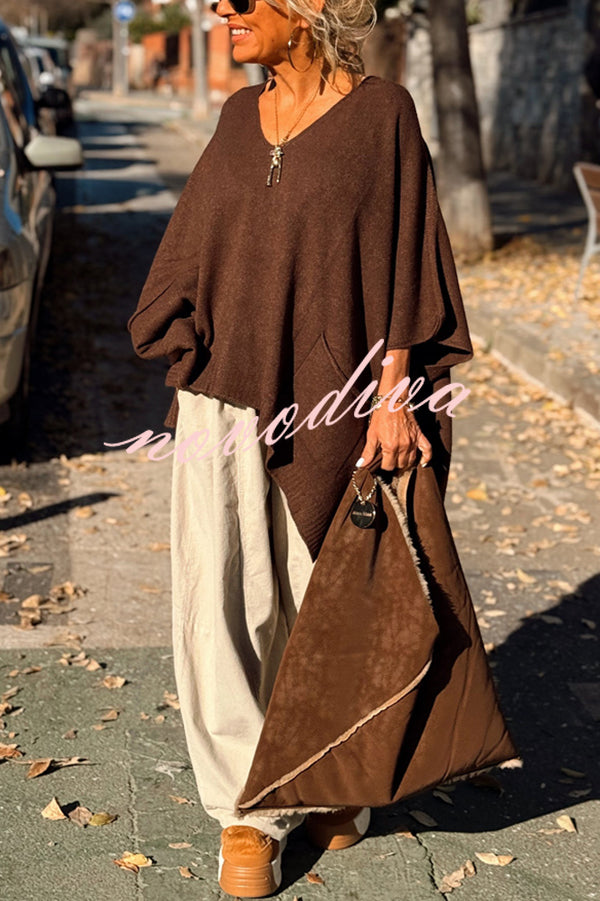 Fashion V-neck Loose Pocket Mid-length Knitted Sweater