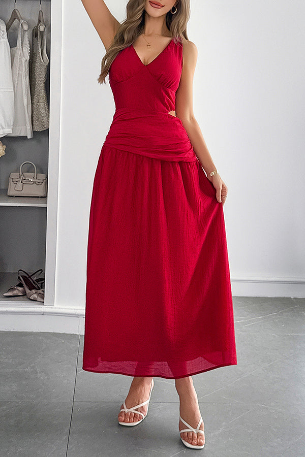 Solid Color V-neck Sleeveless Waist Hollow Out Maxi Dress