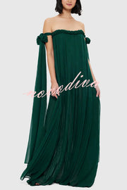 Fairy Spirit Tulle Braided Neckline Tie Arm Straps Pleated Maxi Dress