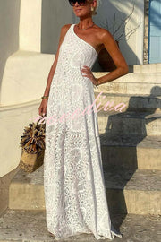 Pure Soul Unique Lace Pattern One Shoulder Slit Vacation Maxi Dress