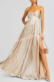 Metallic Sexy Tube Top Pleated High Slit Maxi Dress