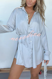 Solid Color Long Sleeve Button Casual Shirt-Style Rompers