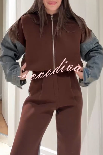 Sports Fashion Denim Patchwork Sweatshirt Fabric Zipper Long Sleeve Loose Jacket