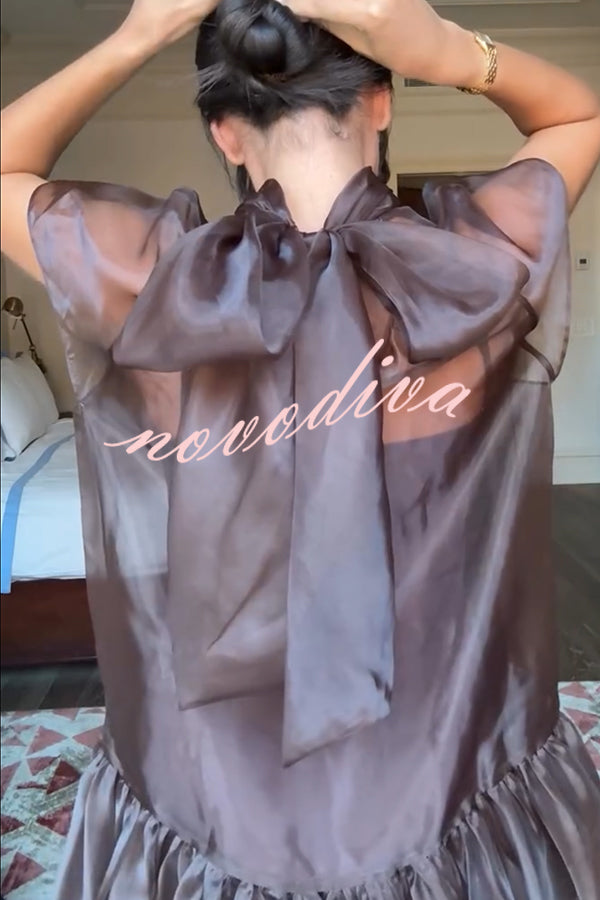 Cocktail Attire Sheer Organza Wide Sleeve Back Bow Layered A-line Mini Dress