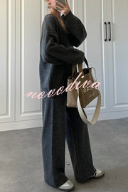 Solid Color V-neck Tie Long-sleeved Loose Knit Cardigan and Elastic Waist Casual Straight Leg Pants Set