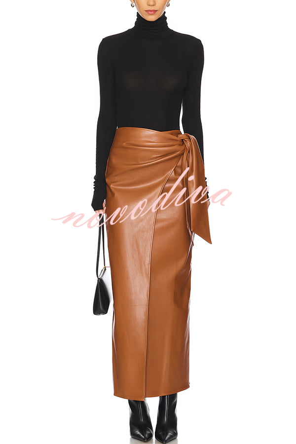 Snappy Casual Slay Faux Leather High Rise Wrap Tie-up Stretch Maxi Skirt