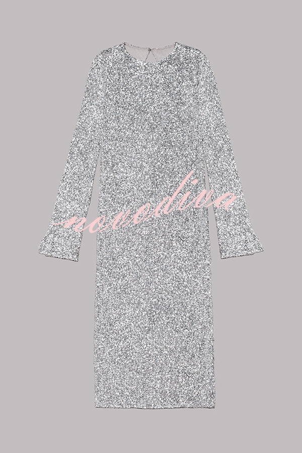 Ignite Sparkly Nights Sequin Extra Long Sleeve Open Back Loose Midi Dress