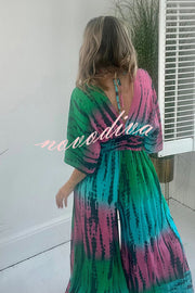 Candis Tie-dye Print Kimono Sleeve Pocketed Smoked Waist Wide Leg Jumpsuit
