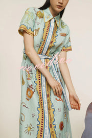 Deep Sea Dreaming Linen Blend Unique Print Short Sleeve Tie-up Shirt Maxi Dress