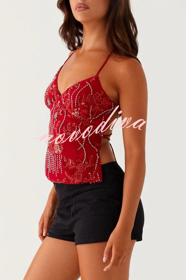 Dazzling Sequin Beaded Material Back Lace-up Loose Tank