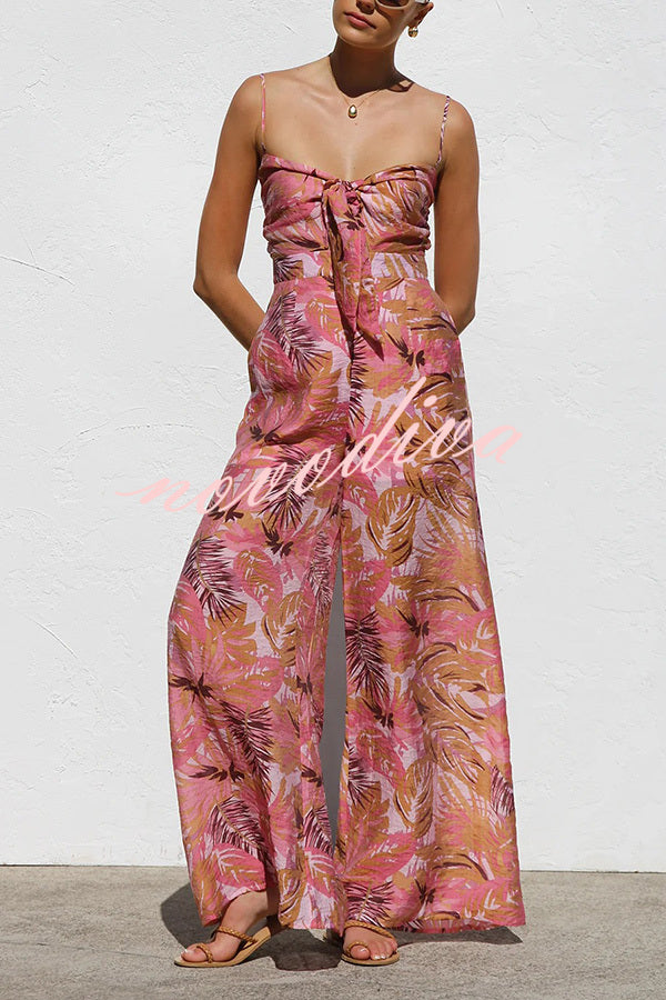 Botanical Print Strappy Resort Style Wide-leg Pants Jumpsuit