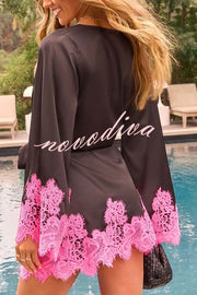 Joyful Bond Satin Lace Trim Contrast Color Bell Sleeve Tie-up Kimono Mini Dress