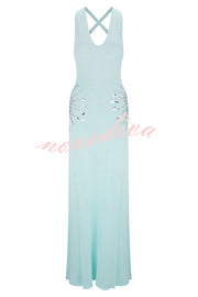 Sparkling Nights Knit Sunburst Sequin Detail Back Cross Straps Stretch Maxi Dress
