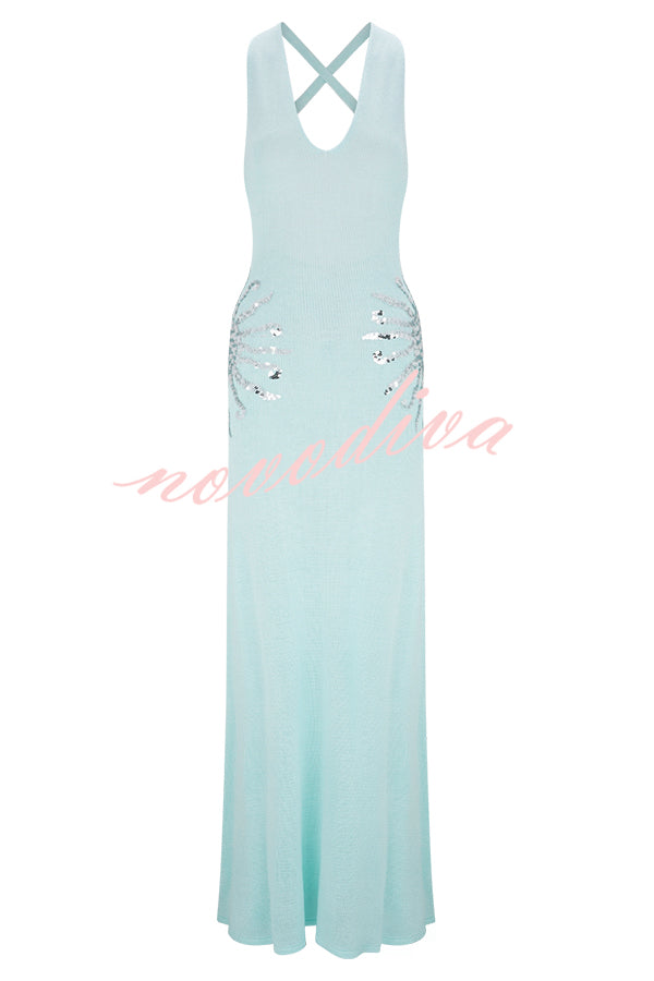 Sparkling Nights Knit Sunburst Sequin Detail Back Cross Straps Stretch Maxi Dress